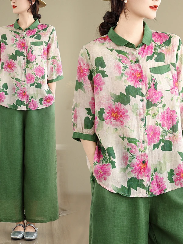 

Loose Fit Floral Print Silk Shirt Women's plus Size Button up Short Sleeve Artistic Color Block Top for Younger Look
