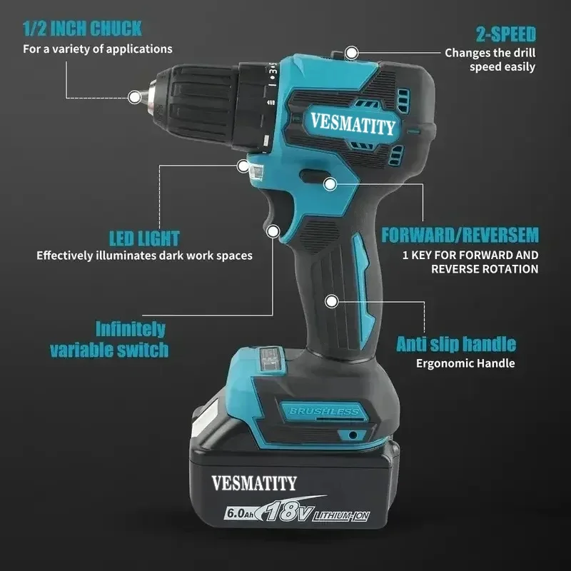 VESMATITY DDF485 18V Rechargeable Brushless Cordless Driver Drill Impact Screwdriver Power Tool For Home DIY AutoRepair