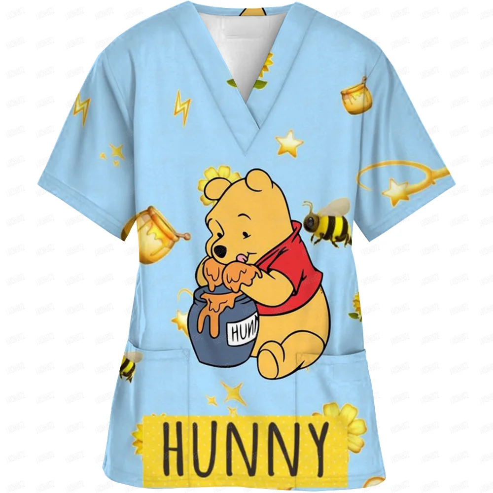 Disney Winnie the Pooh Medical Uniforms Nurse Accessories for Work Doctor's Surgical Scrub Cartoon Pattern Short Sleeved Shirt