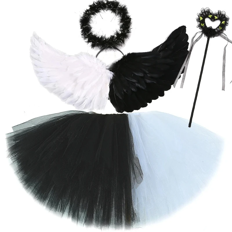 Girls' Dark Angel Tutu Dress, Black‑and‑White Devil Costume with Wings, Gorgeous Outfit for Kids Halloween Carnival Party
