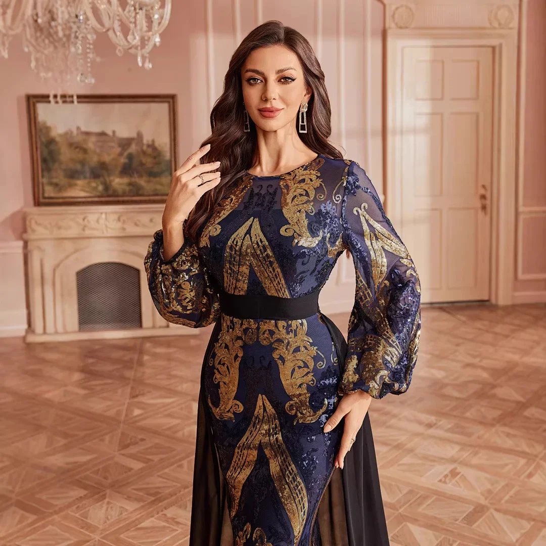 Luxury Gold Sequin Navy Blue Mermaid Evening Gowns Hidden Zipper Elegant Long Sleeve Prom Dress with Cape for Wedding Guest