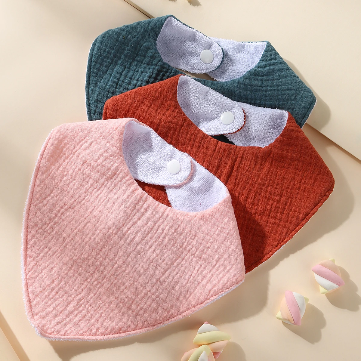 3Pcs Waterproof Feeding Drool Bibs Muslin Cotton Newborn Solid Color Snap Button Soft Triangle Towel Baby Bandana