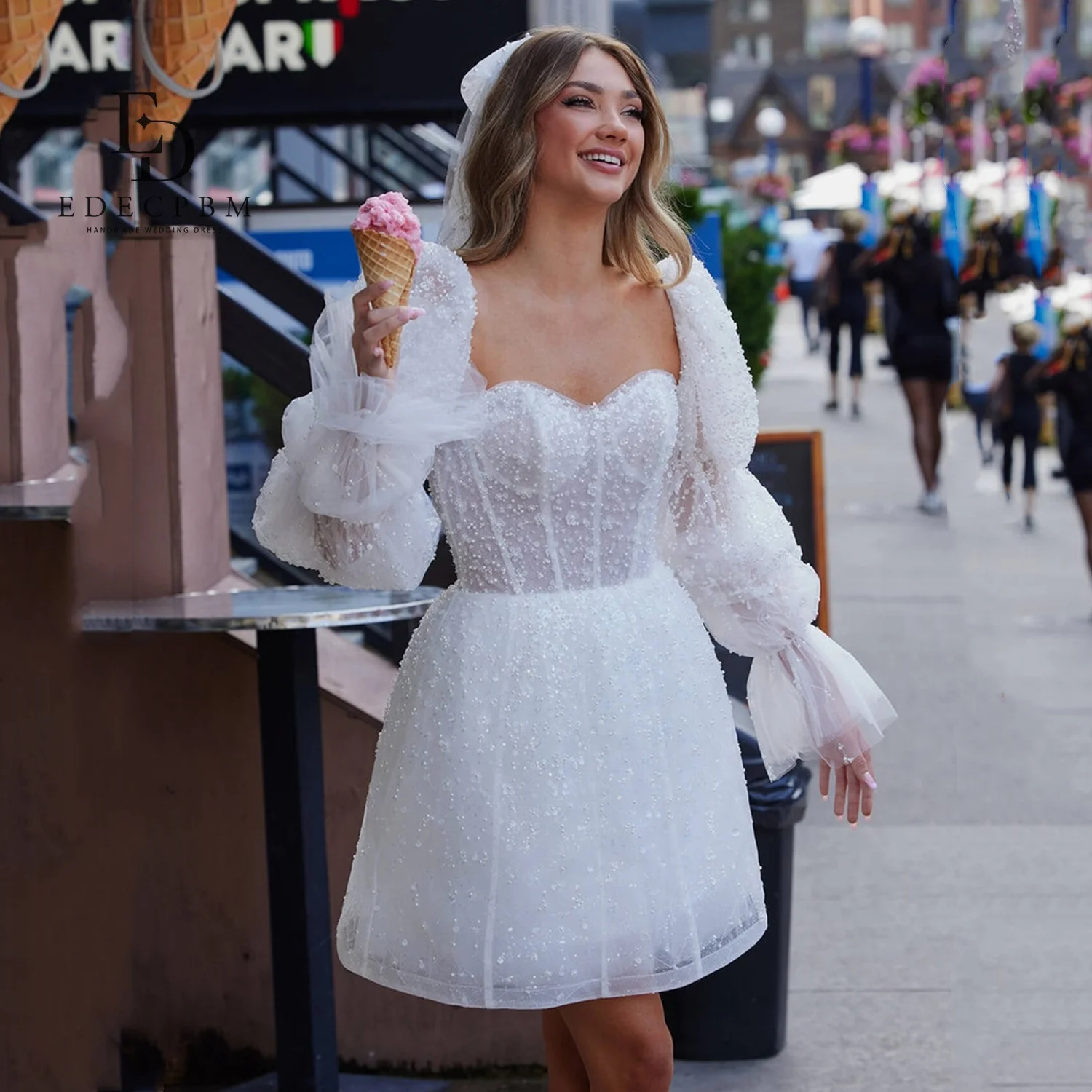 

EDECPBM Customized Evening Dresses Beads فساتين سهرة Vestidos De Fiesta Prom Dresses 2025 Mini Puff Sleeves Women Evening Dress