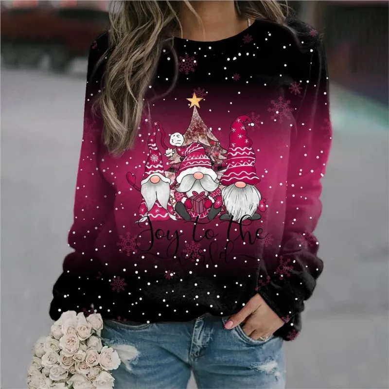 Christmas Themed Women's Long Sleeved Round Neck Hoodie With 3D Digital Printing Cartoon Pattern Top Autumn New Product Ladies