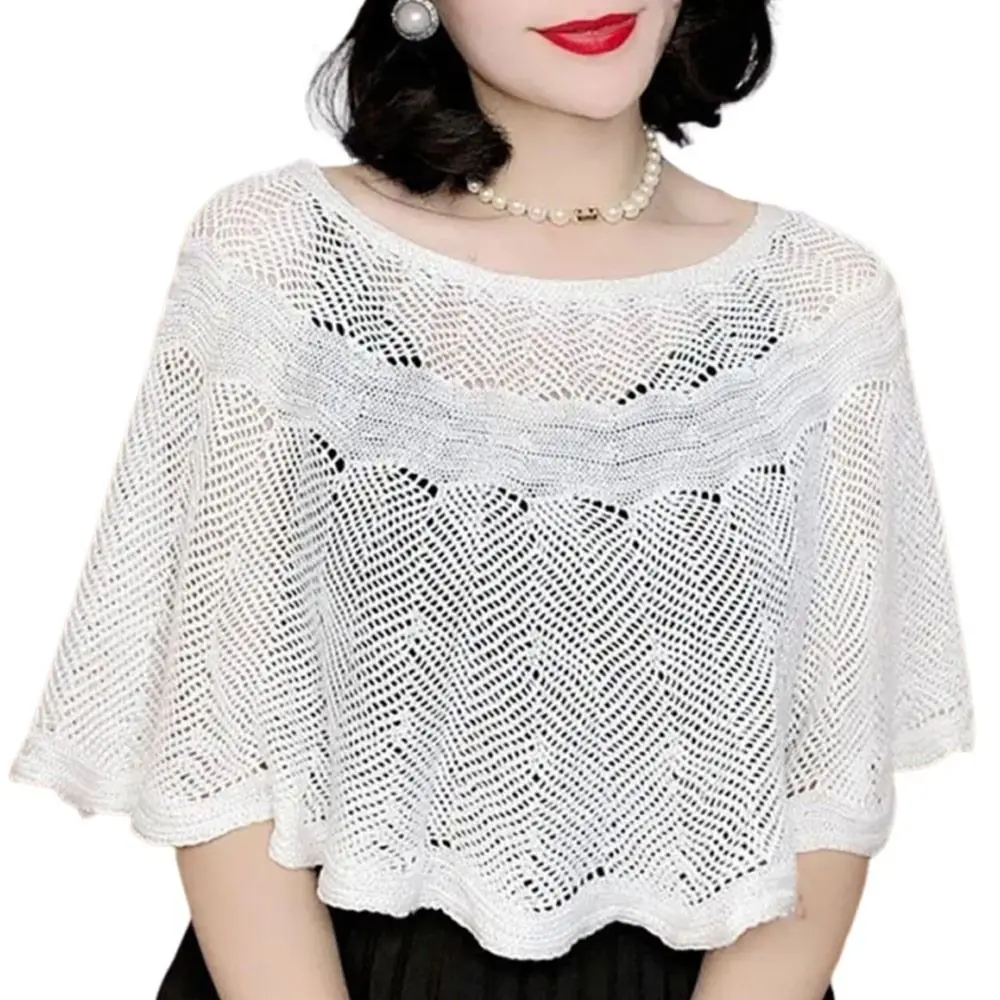 Versatile Pure Color Knitted Shawl Solid Color Hollow Design Knit Cover Cheongsam Outerwear Spring Autumn