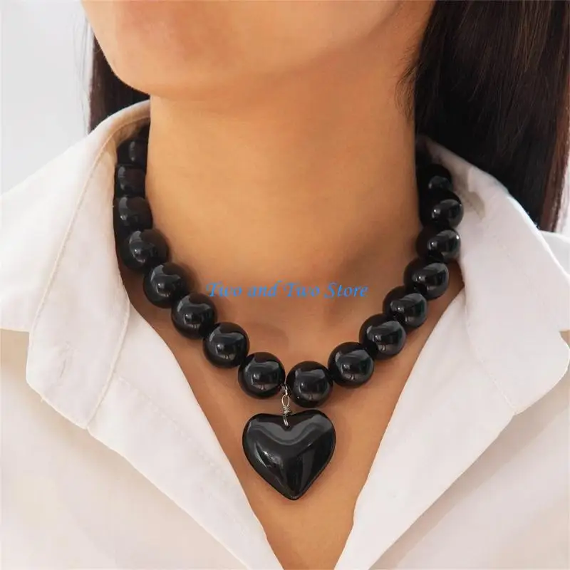 HX6F Stylish Large Heart Necklace Contemporary Heart Necklace with Bead Accent Suitable For Work And Social Event