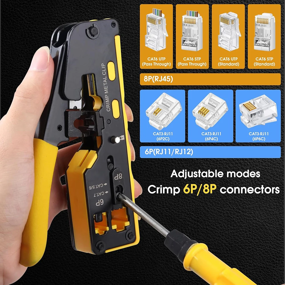 RJ45 Crimp Plier Pass Through Crimper Stripper Cutter for Cat7 Cat6 Cat5e 8P6P Modular Connector Ethernet All-in-one Wire Tool