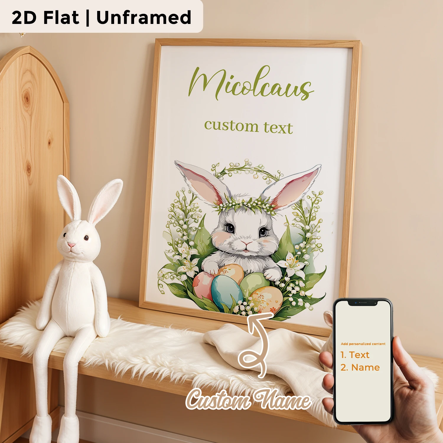Personalized Custom Name Green Bunny Wall Art Print Picture Canvas Poster Painting For Living Room Home Decor Gift