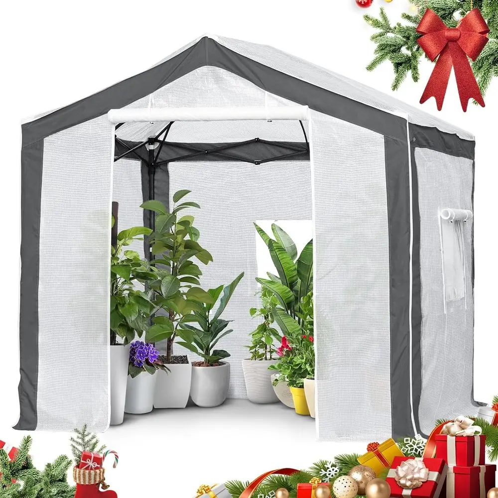 

8x8 Sturdy Polyester-Reinforced Walk-In Greenhouse, Zippered Entry, Mesh Windows, Suitable for Indoor or Outdoor Use, Gray/White