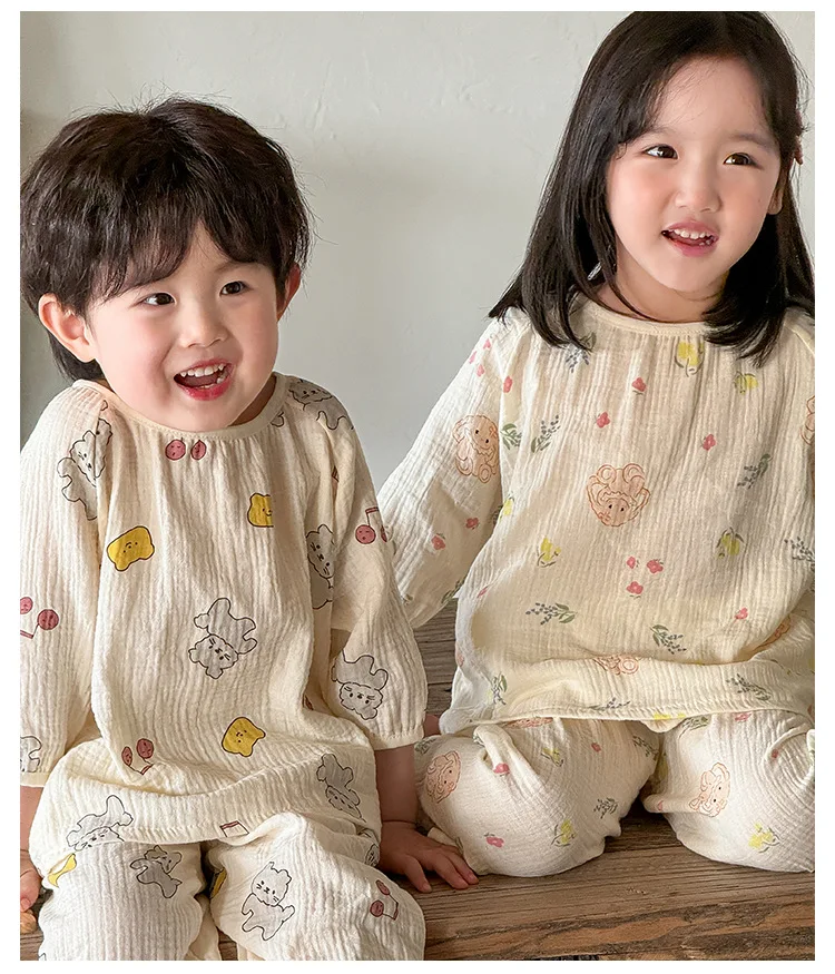 Korean Kids Pajamas Set Long Sleeved Cotton Printed Cardigan+Pants Children Pajama Suit Baby Girls Boys Home Wear