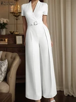 ZANZEA Street Fashion High Waist Jumpsuits Women Workwear Belt Rompers Solid Deep V Neck Elegant Office Lady Long Overalls