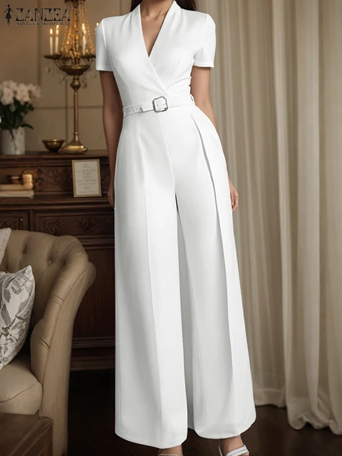 ZANZEA Street Fashion High Waist Jumpsuits Women Workwear Belt Rompers Solid Deep V Neck Elegant Office Lady Long Overalls