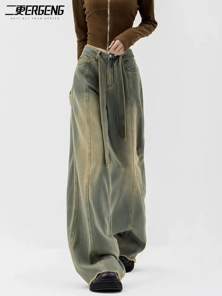 

American Retro Ruffled Jeans with Spring Autumn Trendy Design Men Women Straight Tube Loose Fitting High Street Wide Leg Pants