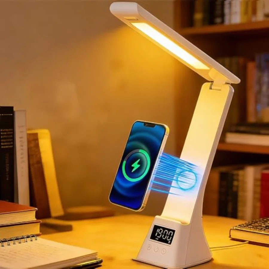 

3in1 Foldable Eye-Care Desk Lamp with 15W Wireless Charger and Digital Clock Touch Control, 3 Color Temperatures, Alarm, 180° F