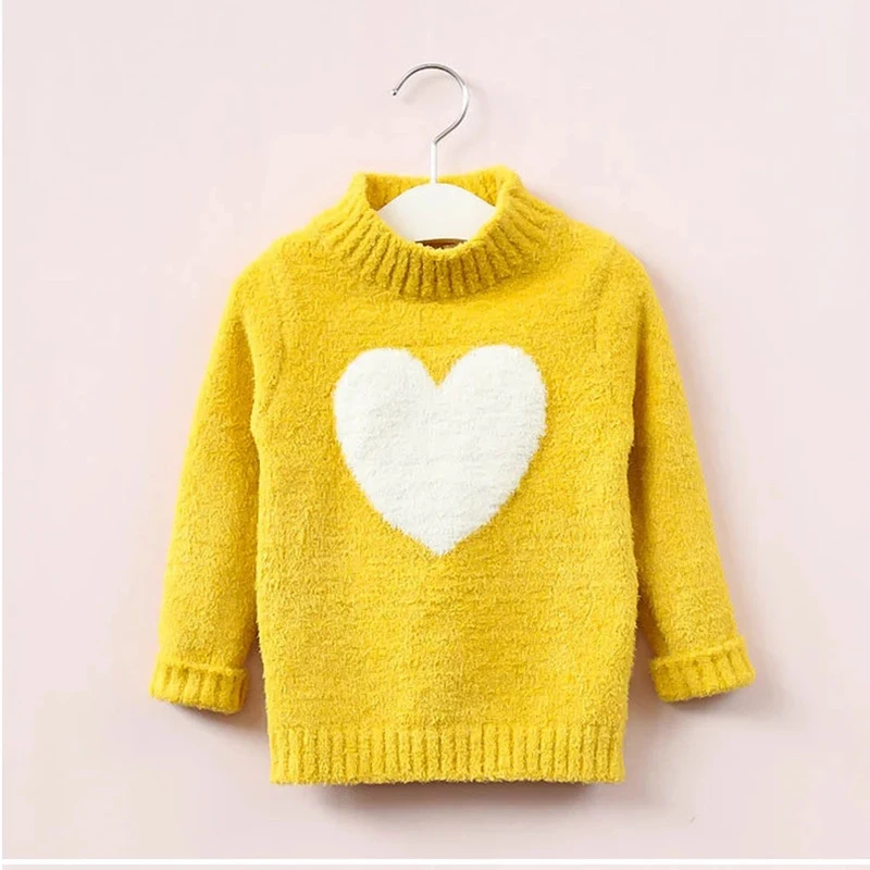 2-9Years Baby Girls Knitted Sweate Winter And Autumn Long Sleeve Warm High Collar Cute Heart Kids Sweater Top Girl Clothes