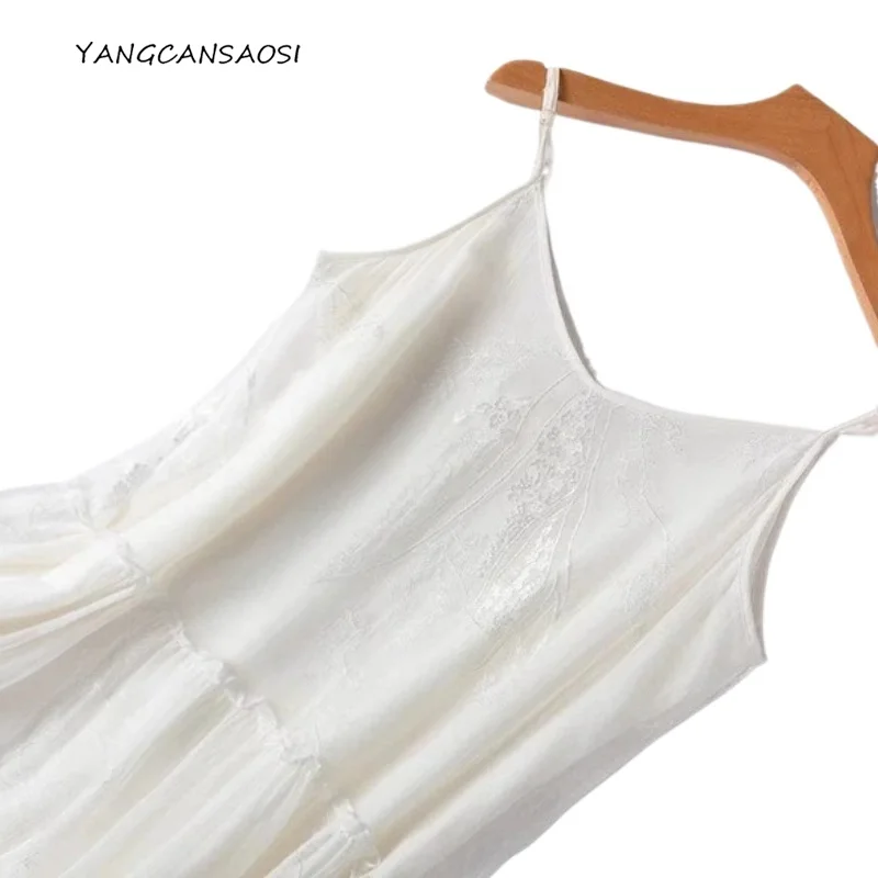 

Summer White Embroidered Dress Natural Mulberry Silk Heavy Industry Embroidered Suspender Exquisite and Elegant Vacation Dress