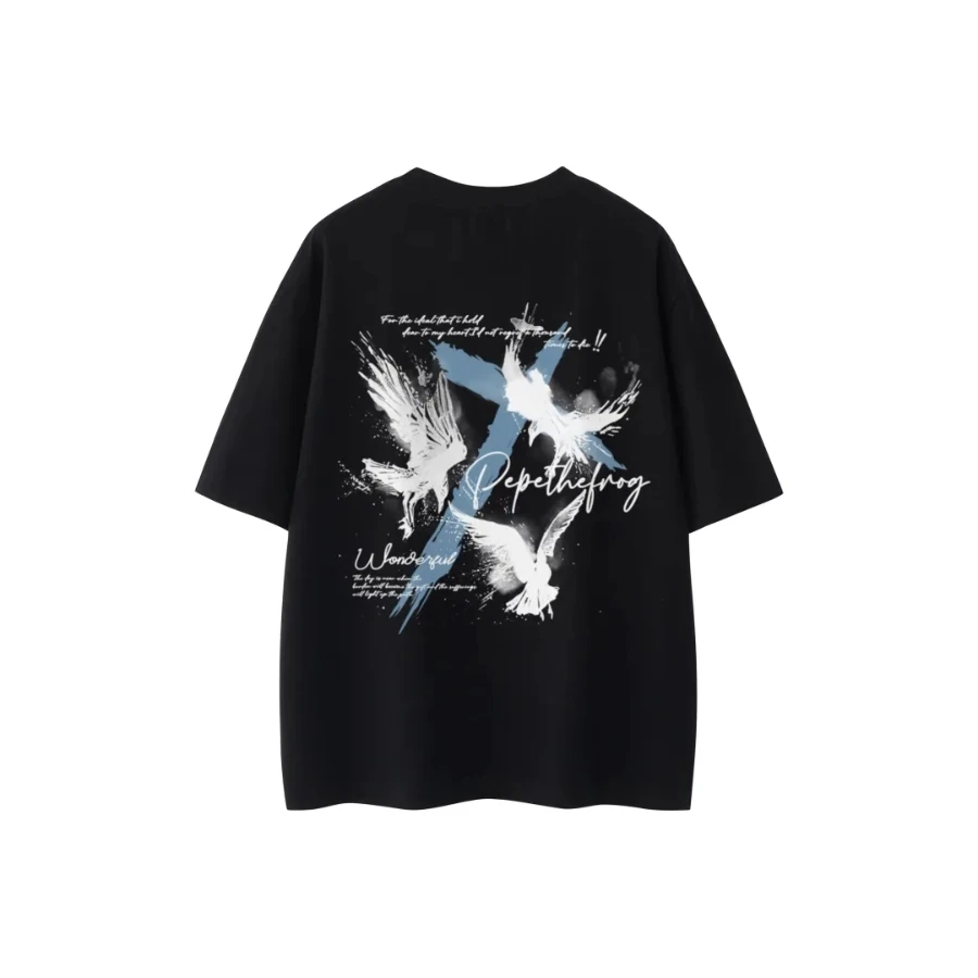 

American Retro High Street Trend Ink Painting Graffiti Pigeon Cross Letter Print Round Neck Pullover Short Sleeve T-shirt
