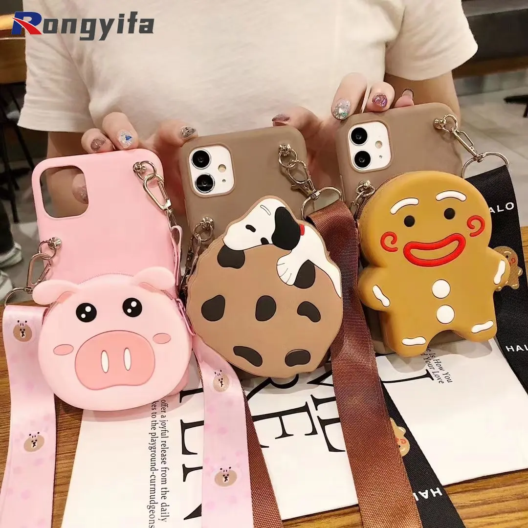 

3D Cute Pig Cartoon Chocolate Cookie Dog wallet Case for iPhone14 13 12 Mini 11 Pro XS Max XR X 7 8 6 6s Plus 5 5S Lanyard Cover