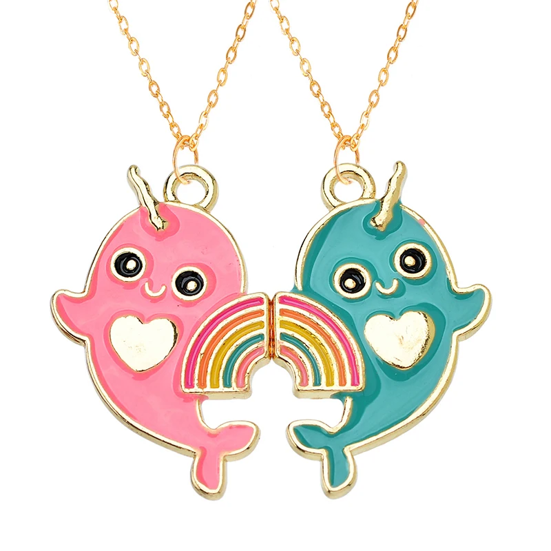 Peixin 2Pcs Colorful Enamel Rainbow Unicorn Butterfly Heart Best Friend Pendant for Women\'s Necklaces Valentines Gift Jewelry