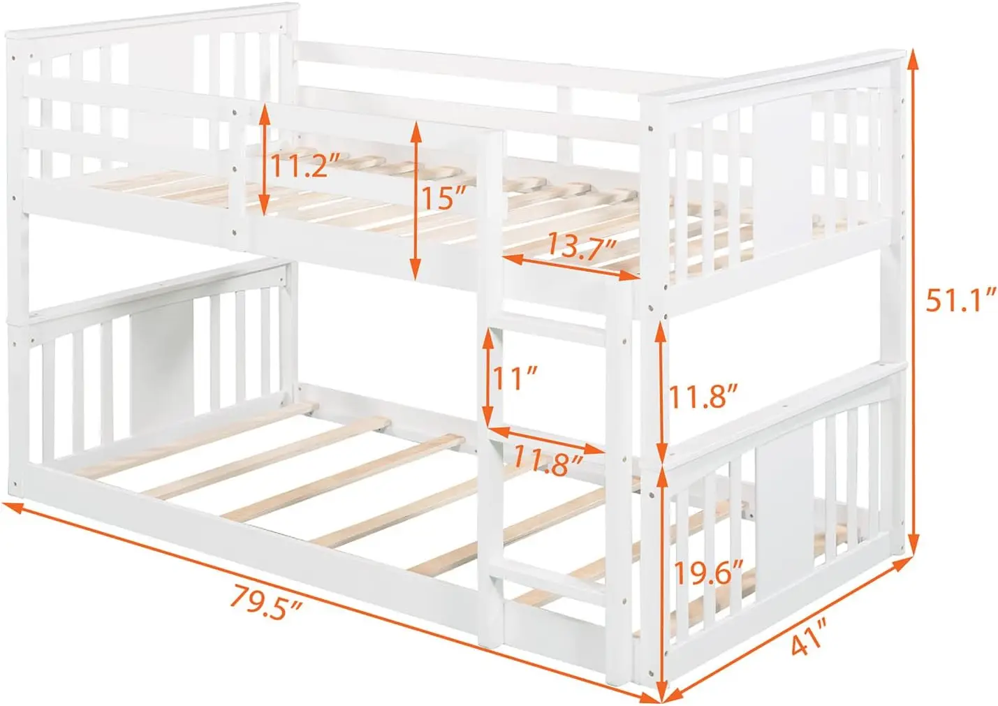 Twin Bunk Beds Low Bunk Bed Frame Wood Twin Over Twin Bunkbed For Kids Toddlers Boys Girls Bedroom, White