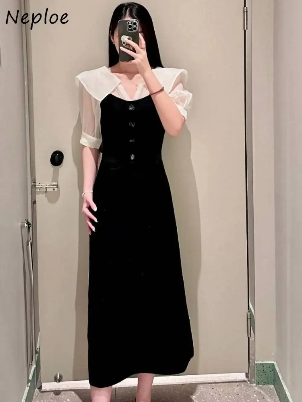 

2025 Autumn New Turn-Down Collar Half Sleeve Robe Print Patchwork Slim Waist Knit Dress Japan Casual Fresh Sweet Mujer