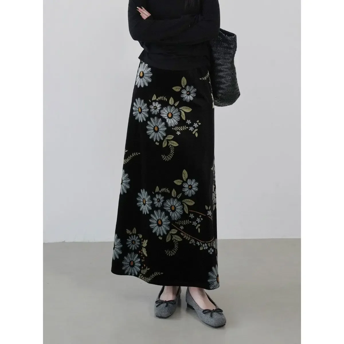 

Бархатная юбка трапециевидной формы для похудения, новая женская элегантная длинная юбка средней длины с высокой талией в китайском стиле, осень-зима