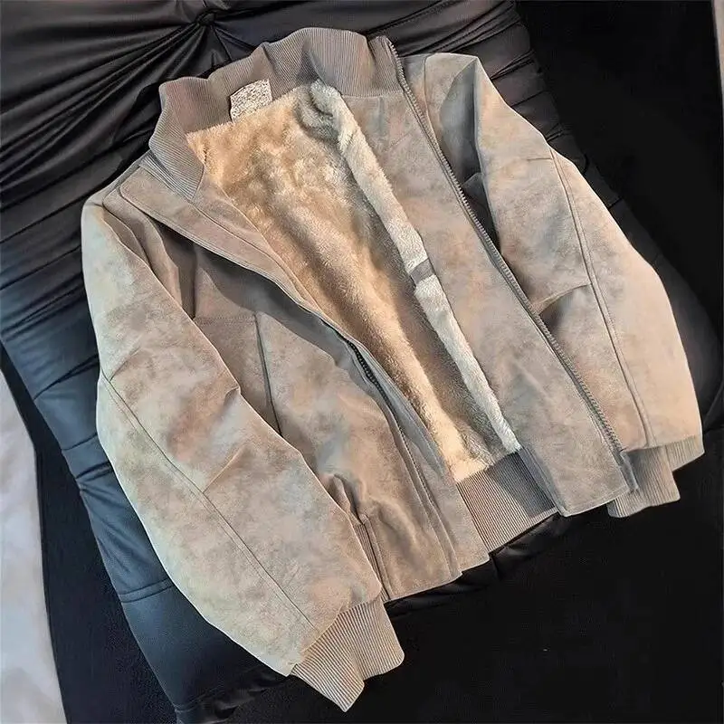 Thickened Fleece American Dyed PU Leather Jacket Cotton Coat Men's Short Stand Collar Motorcycle Style Winter Warm Outerwear