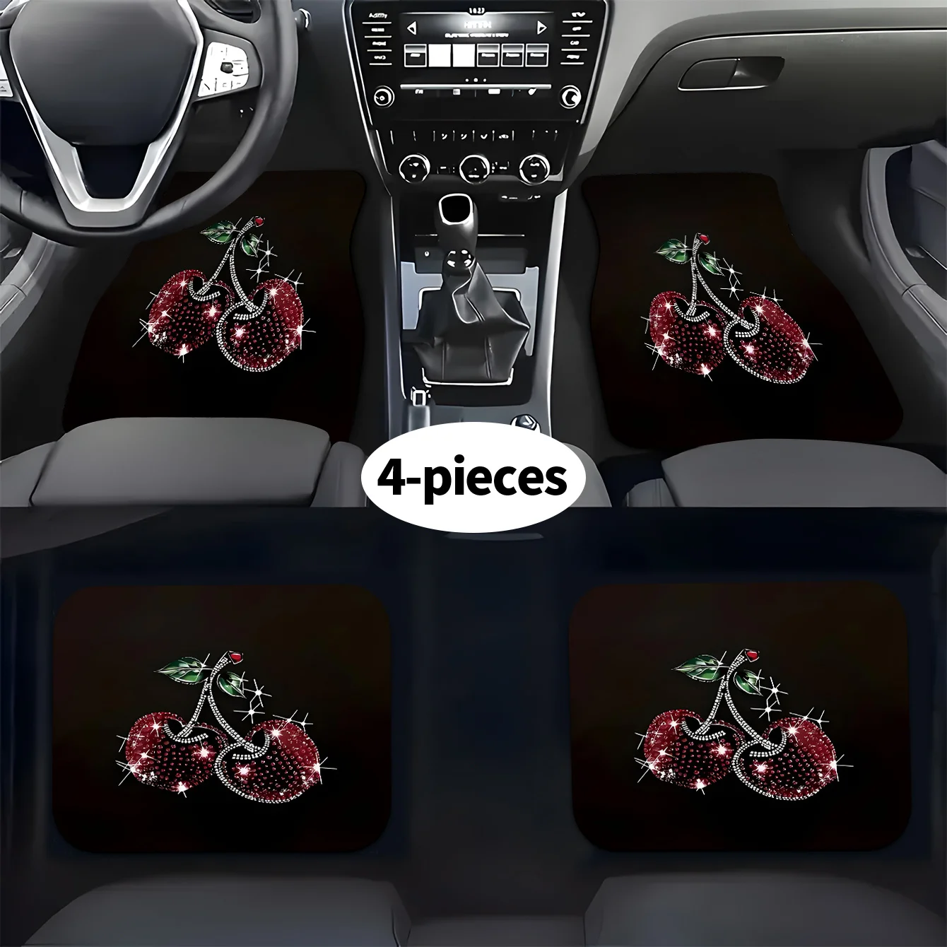 4pcs Car Floor Mat Set, Featuring Two Red Cherries And Green Leaves, Suitable For All Car Models. Easy To Clean, Ideal For Thank