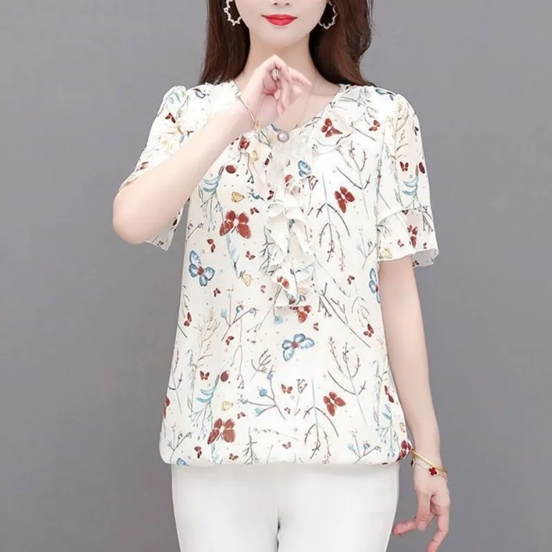 Female Clothing Summer Short Sleeve New Floral V-neck Women\'s Shirt Blouse Embroidered Flares Folds Fashion Casual Tops