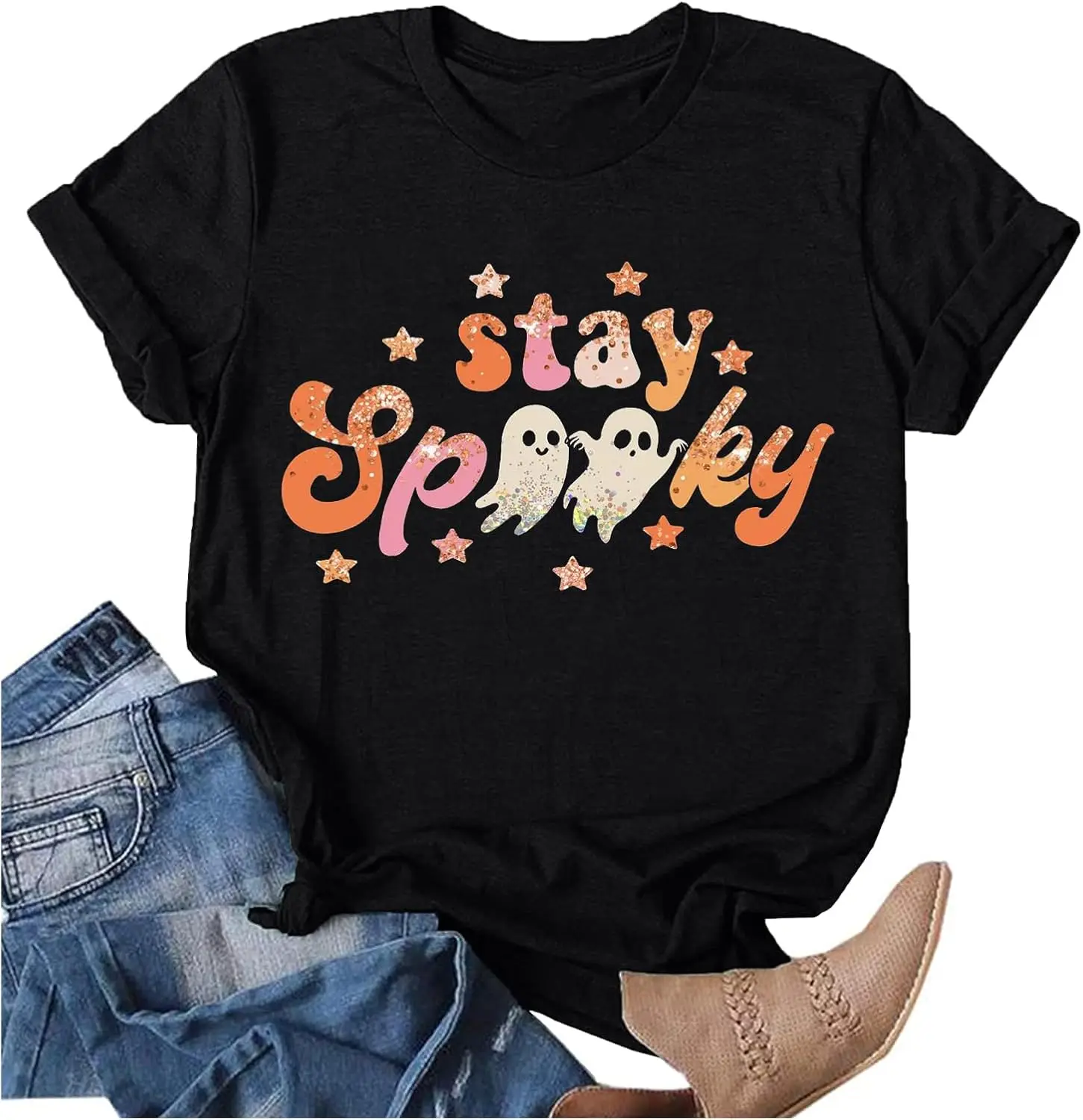 

Женская футболка с коротким рукавом, принтом и надписью на осень