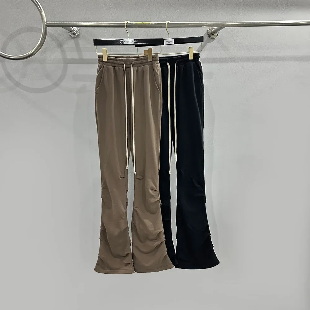High Street Women's Cotton Spring/Summer Dark Wind Eating Soil Grey Drawstring Fold Slim and Slim Flare Long Pants