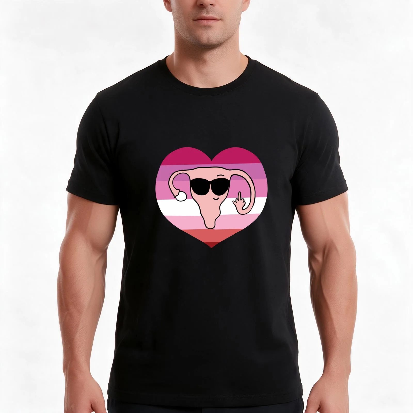 Lesbian Pride middle finger uterus T-Shirt, Summer Casual Cotton Tee, Oversized Streetwear Tops, Vintage Graphic Print