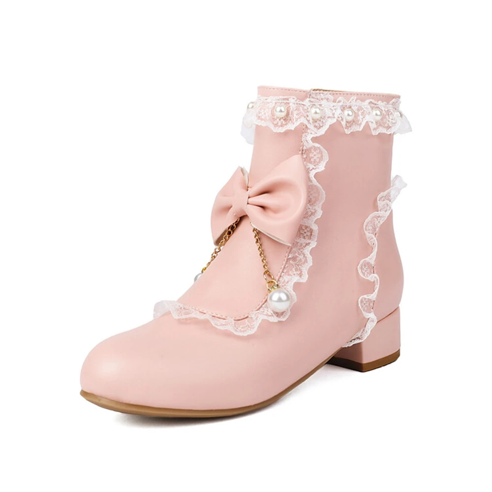 

Ankle Boots Women fashion Kawaii Bow Lolita Thick Heel Retro Cheongsam Dress Bridal Shoes Lace Role Playing Short Boots 99-10