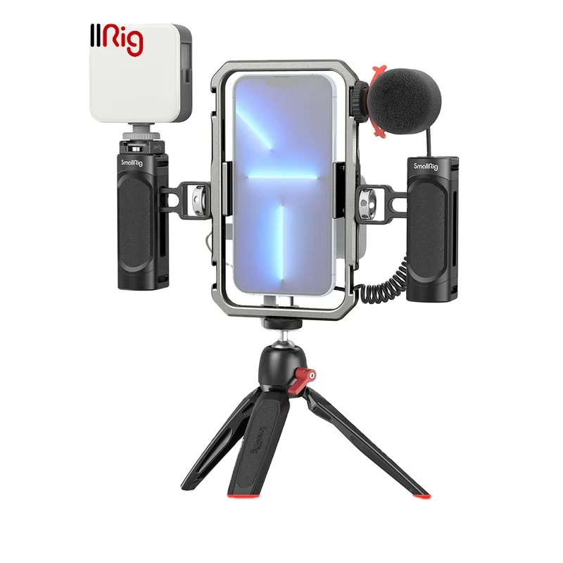 Universal Video Kit For IPhone SmartPhone Vlogging And Live Streaming Cage Set With Microphone Light Tripod Side