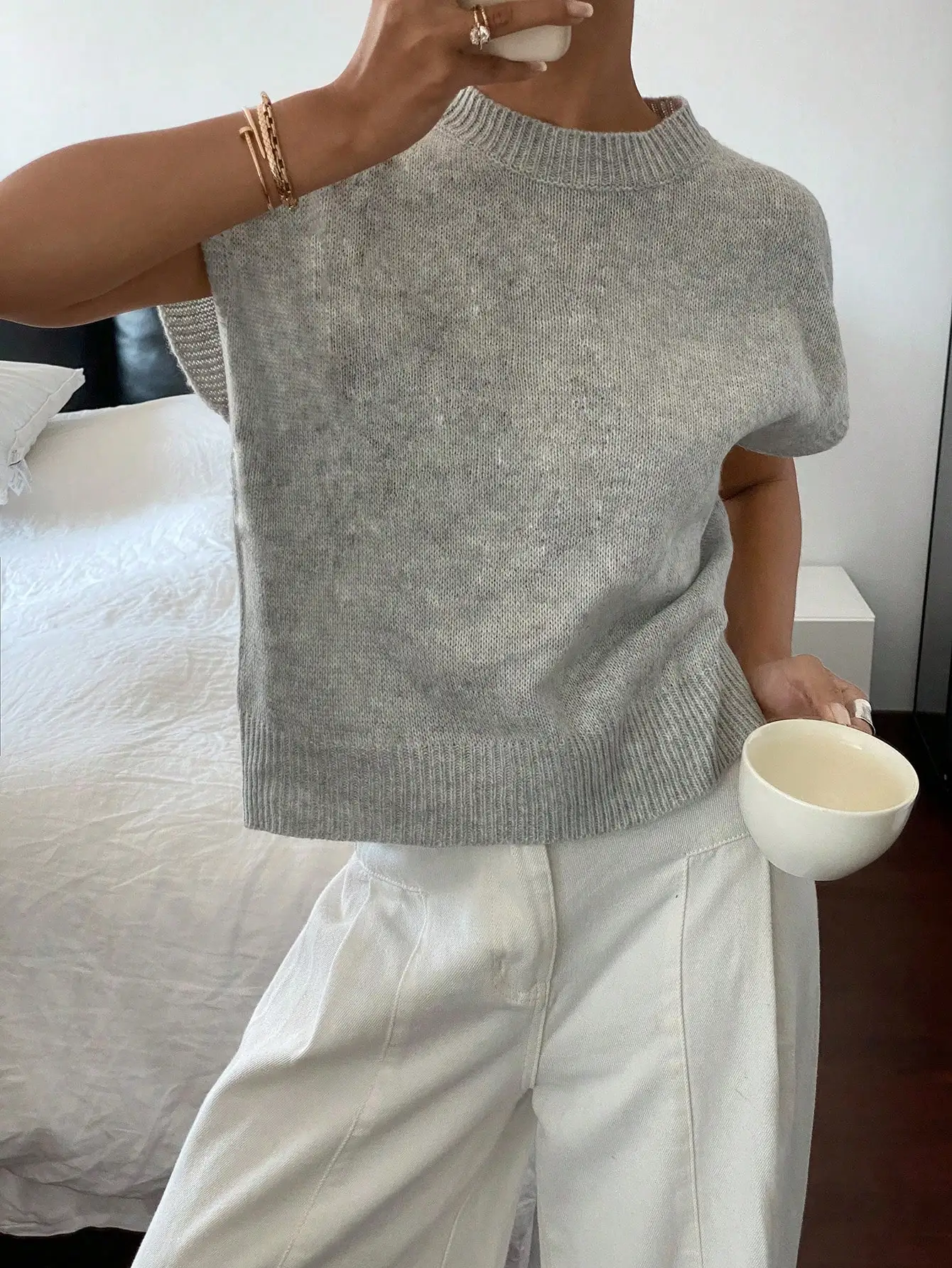 

Women's French Chic Short Sleeve Knit Top, Casual Elegant Grey Sweater for Daily Wear