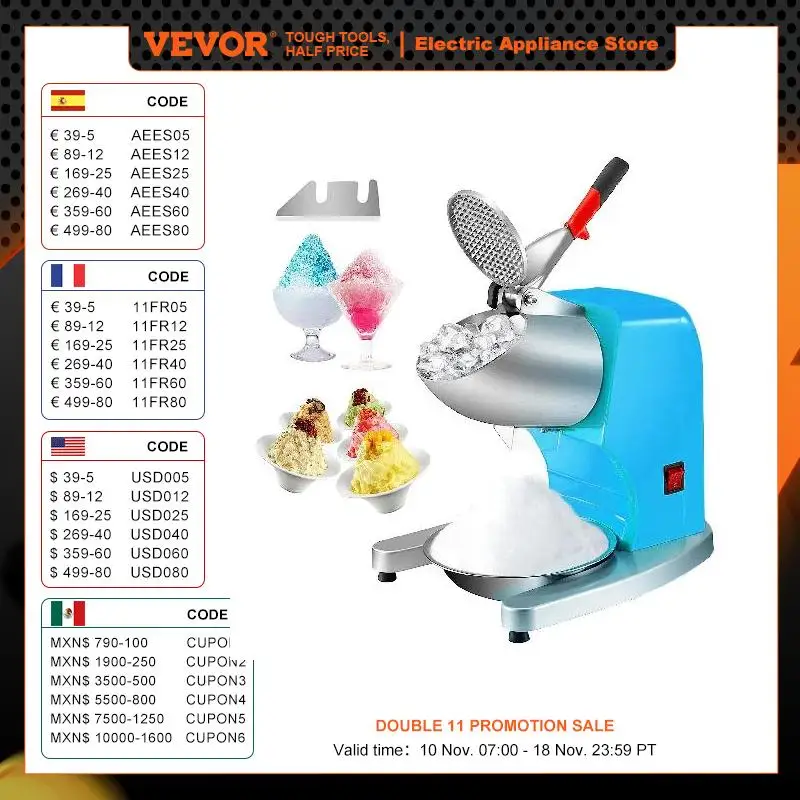 VEVOR Ice Crushers Machine 220lbs Per Hour Electric Snow Cone Maker with 4 Blades Stainless Steel Shaved Ice Machine 