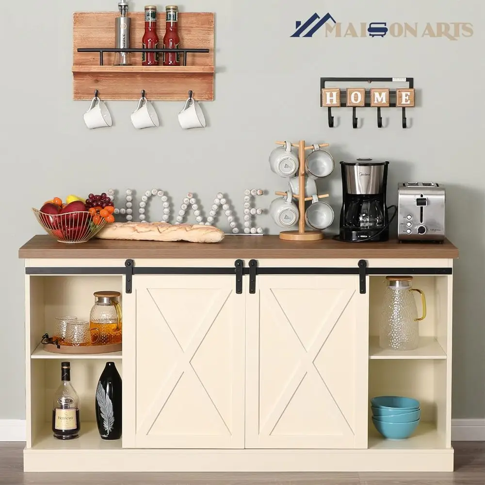 خزانة بوفيه من خشب البلوط والعاجي 55 مع باب منزلق، وحدة تخزين لتناول الطعام في المطبخ