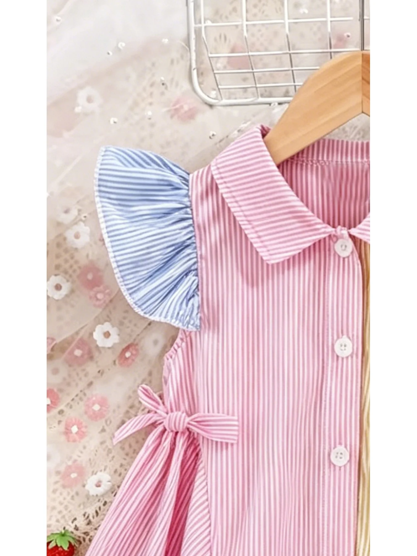 Gestreiftes Kleid mit Farbblock-Design für Kinder, Baby-Kragen, ärmellos, mit Rüschenkante, einreihig, knielang, für Mädchen – Detail 6
