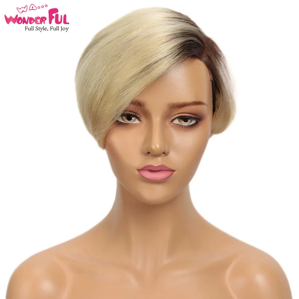 

613 Blonde Short Pixie Cut Lace Human Hair Wigs For Women Grey Colored Brazilian Hair Wigs With Black Root Short Woman Lace Wig