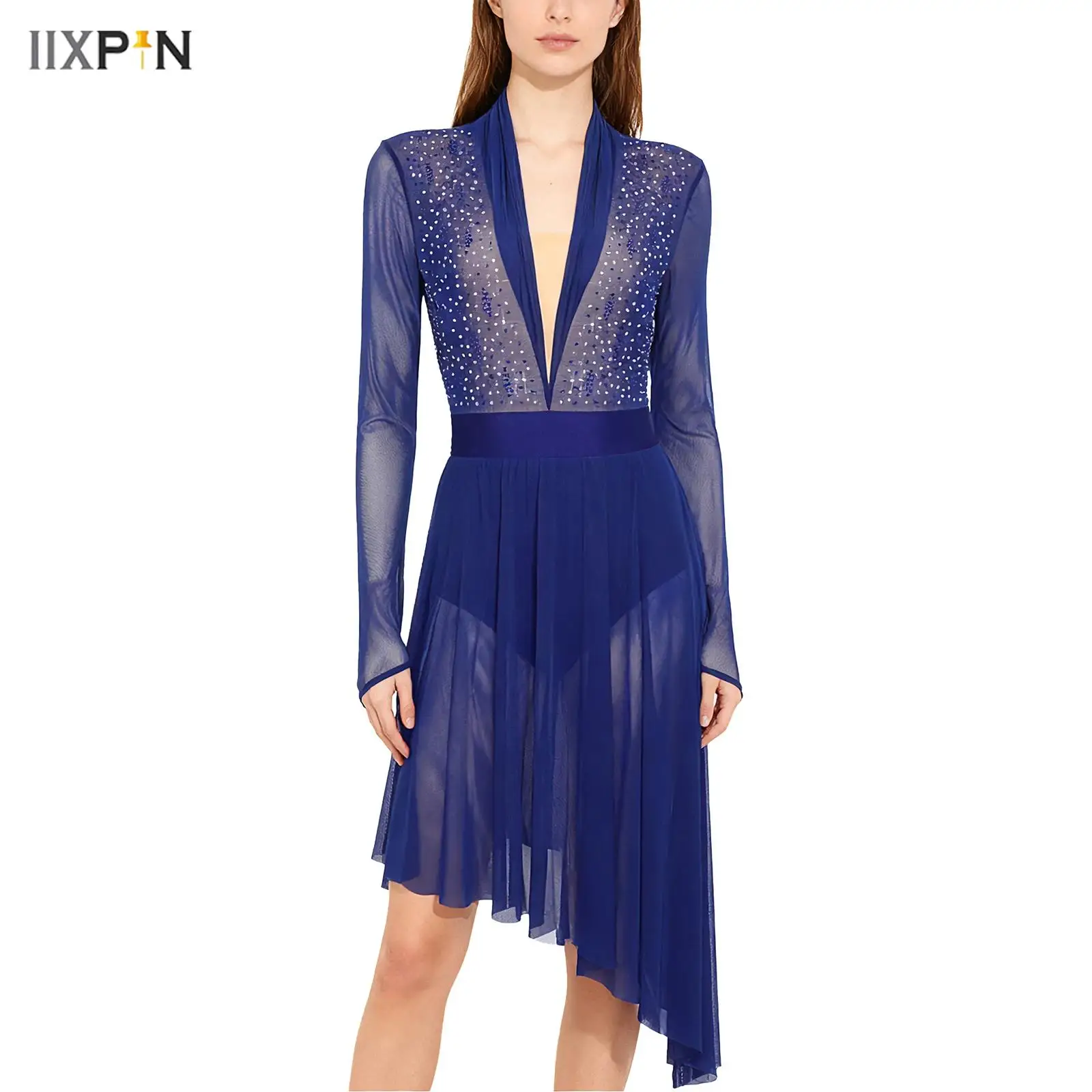 Vestido de baile lírico moderno para mujer y adulto, malla transparente, manga larga, diamantes de imitación brillantes, botones en la entrepierna incorporados, bragas, vestido con volantes