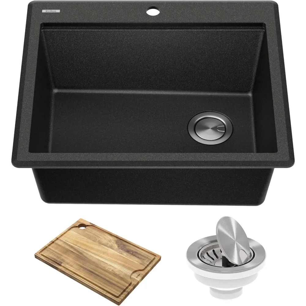 

KRAUS Bellucci 28-inch Granite Composite Workstation Drop-In Top Mount Single Bowl Kitchen Sink in Metallic Black