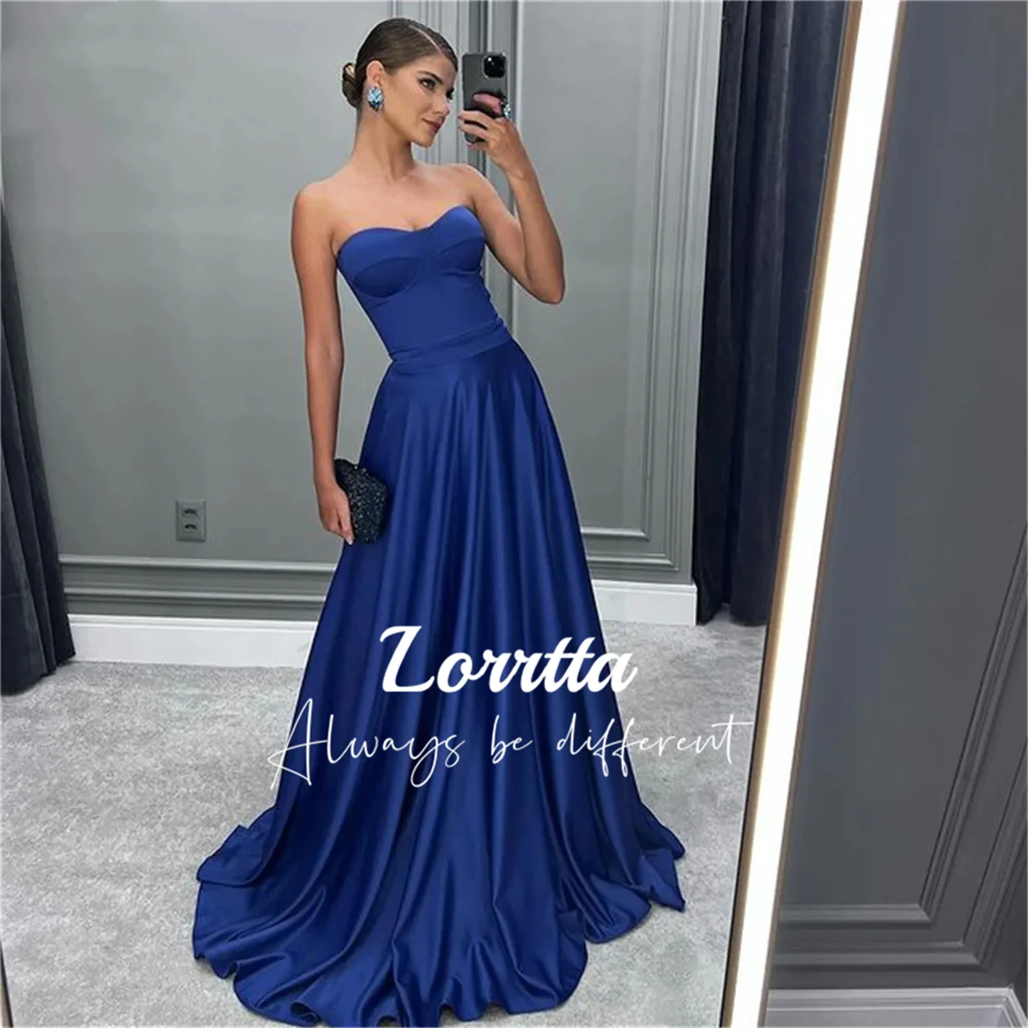 

Lorrtta Formal Evening Wear Sweetheart Neckline Blue Satin Strapless Off-the-shoulder Simple Vestidos Para Mujer De Fiesta Gala