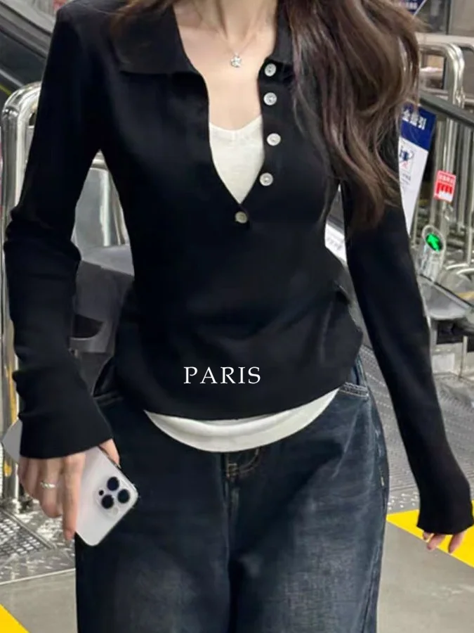 

SOEUR BKAC Autumn Yellow Design Sense Fake Two-Piece Collar Long Sve Knitted Sweater for Women French Sle Loose Fit