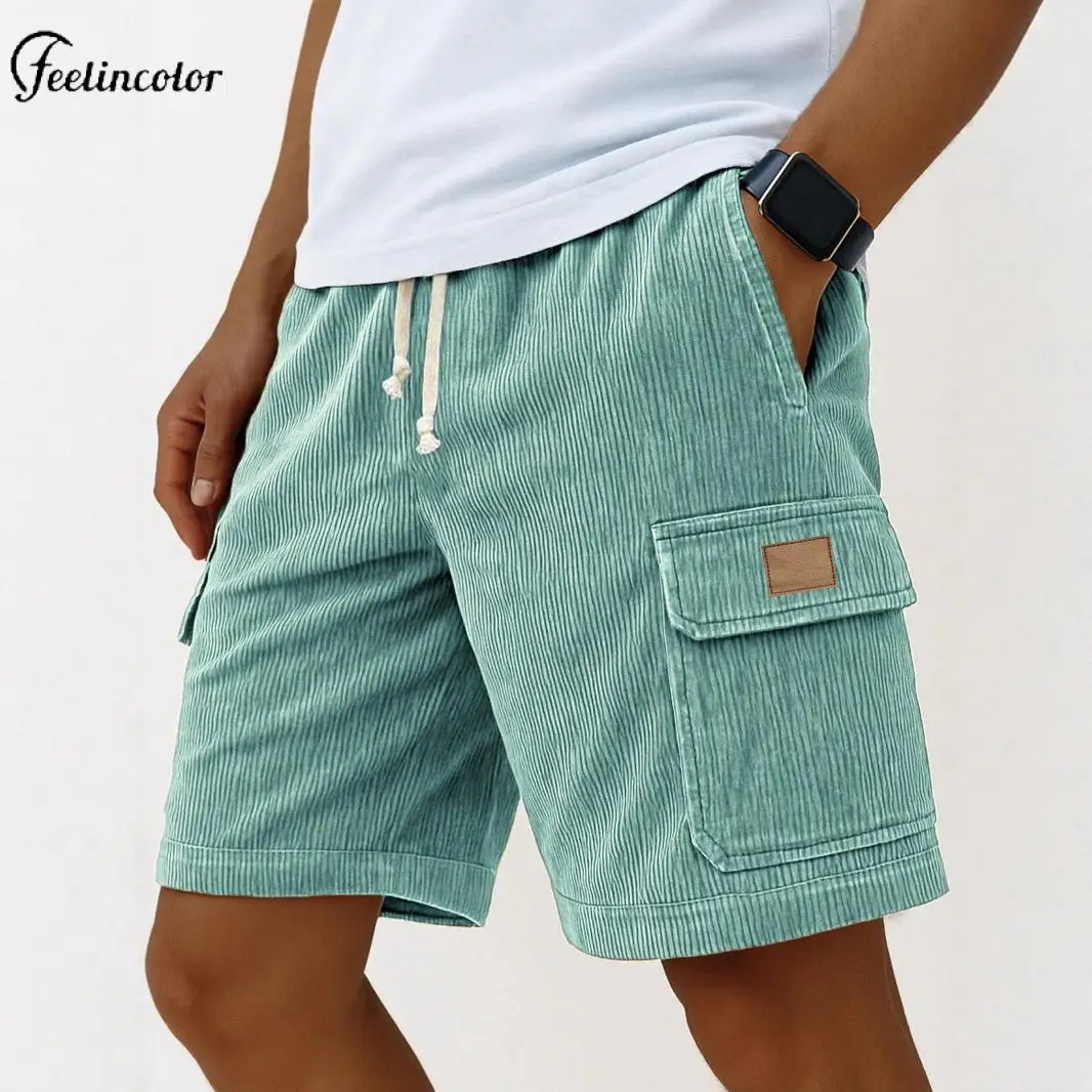 

Men Striped Drawstring Shorts Green Side Pocket Five-Point Trousers Summer Mid Waist Loose Pants Fashion Casual Male Streetwear