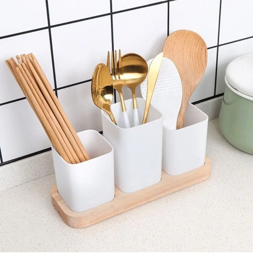 

2/3 Divided Chopstick Holder Plastic Wood Base Tableware Organizer Storage Bucket Detachable Kitchen Utensil Holder Forks