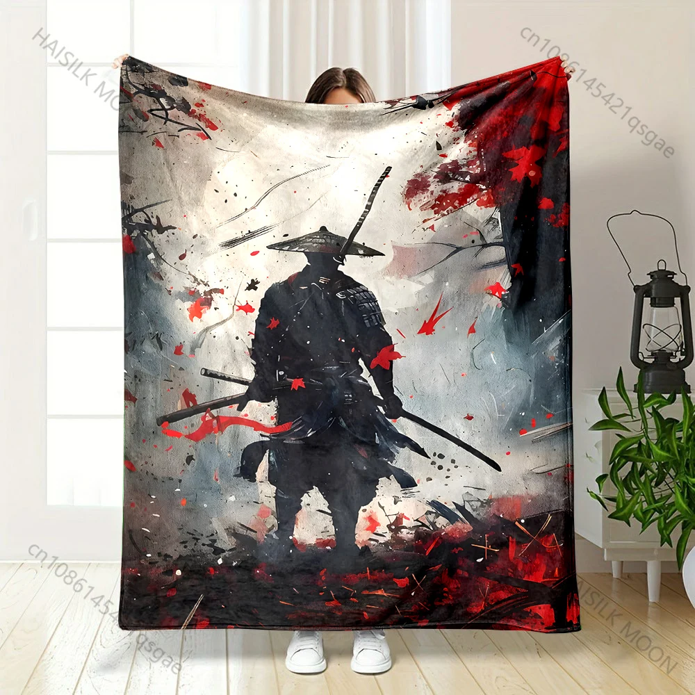 1PC Samurai with red maple leaves printed blanket all seasons multi-purpose blanket suitable for sofa, camping, travel, car