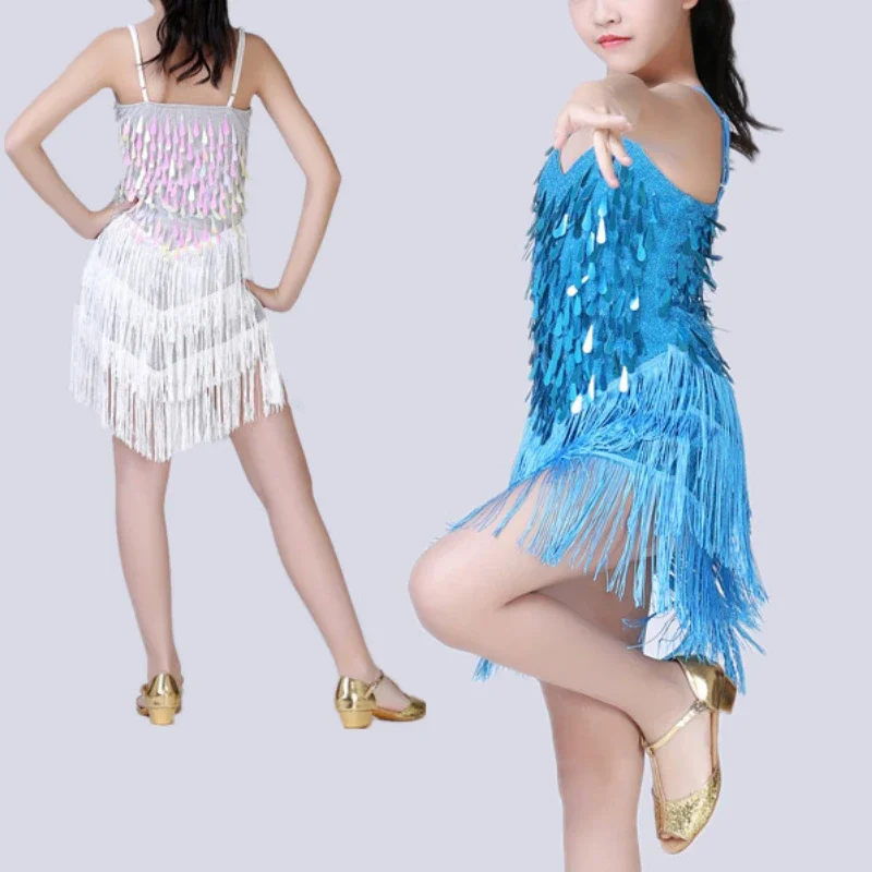 Vestido de dança latina para meninas crianças borla salsa dancewear lantejoulas franja vestido moderno salão de baile cha cha dançarino roupas desempenho