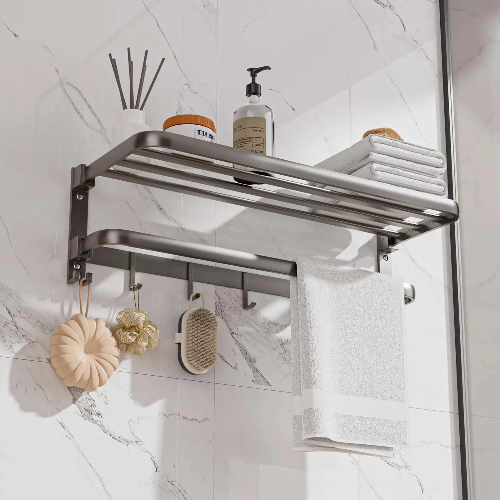 Faltbarer Doppel-Handtuchhalter zur Wandmontage, Badezimmer-Handtuchstange, Handtuchhalter-Organizer, Handtuchaufhänger, Badetuchregal mit Haken