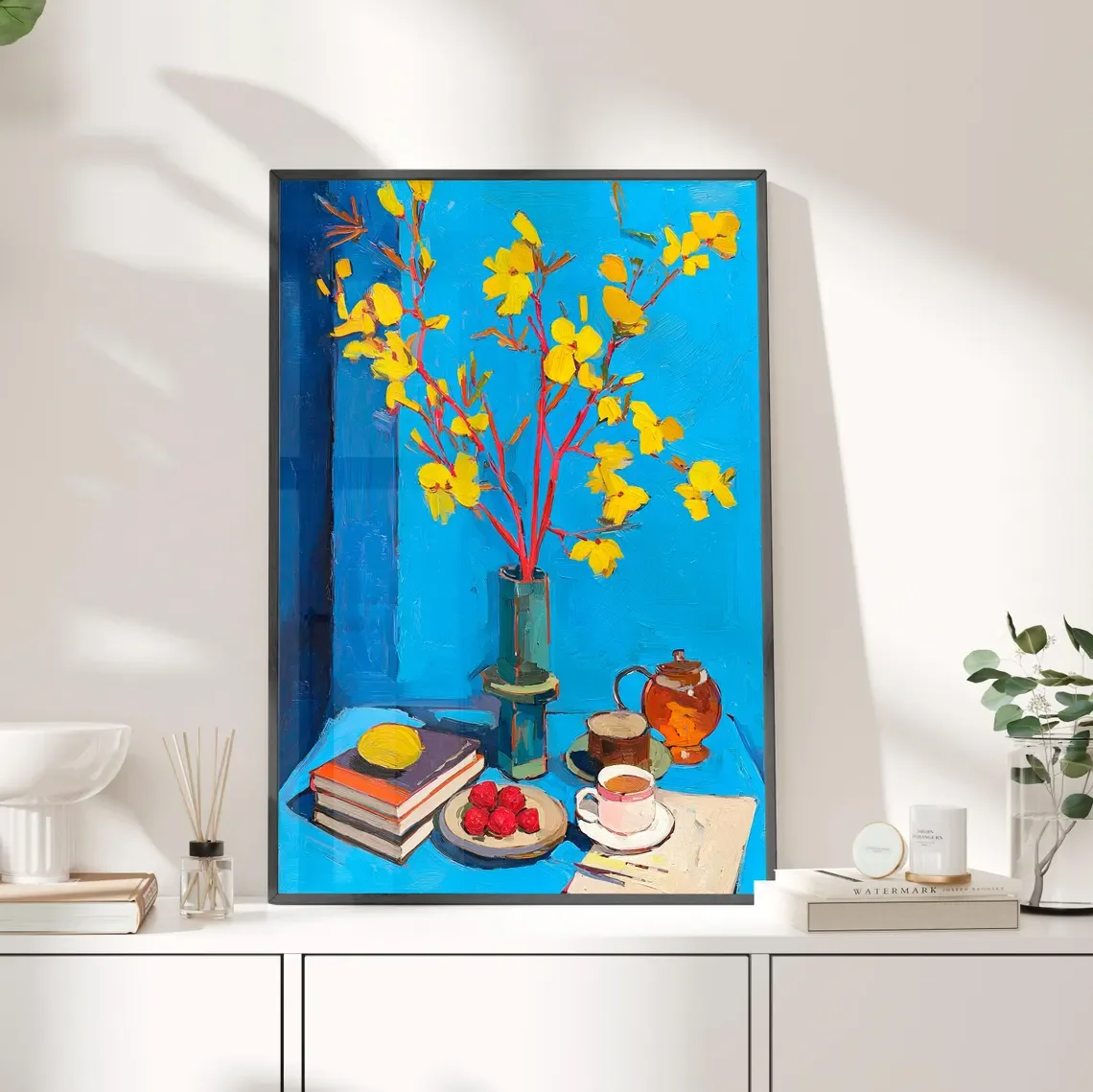 Breakfast Table with Vibrant Yellow Flowers Oil Painting Poster or Canvas Print, Teapot, Books, and Fruits Stille Life, Cozy Kit