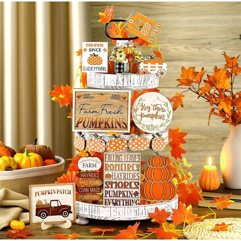 

1SET Halloween Pumpkin Desktop Decorations Festival Gifts Decorative Gifts Autumn Harvest Wooden Layered Tray Decorations